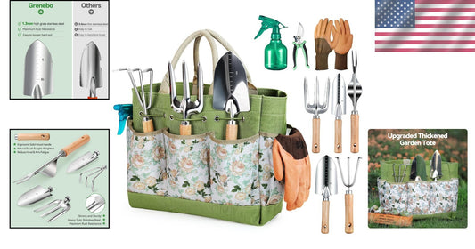 9-Piece Heavy Duty Gardening Tools Set with Floral Organizer Bag - Perfect Gift