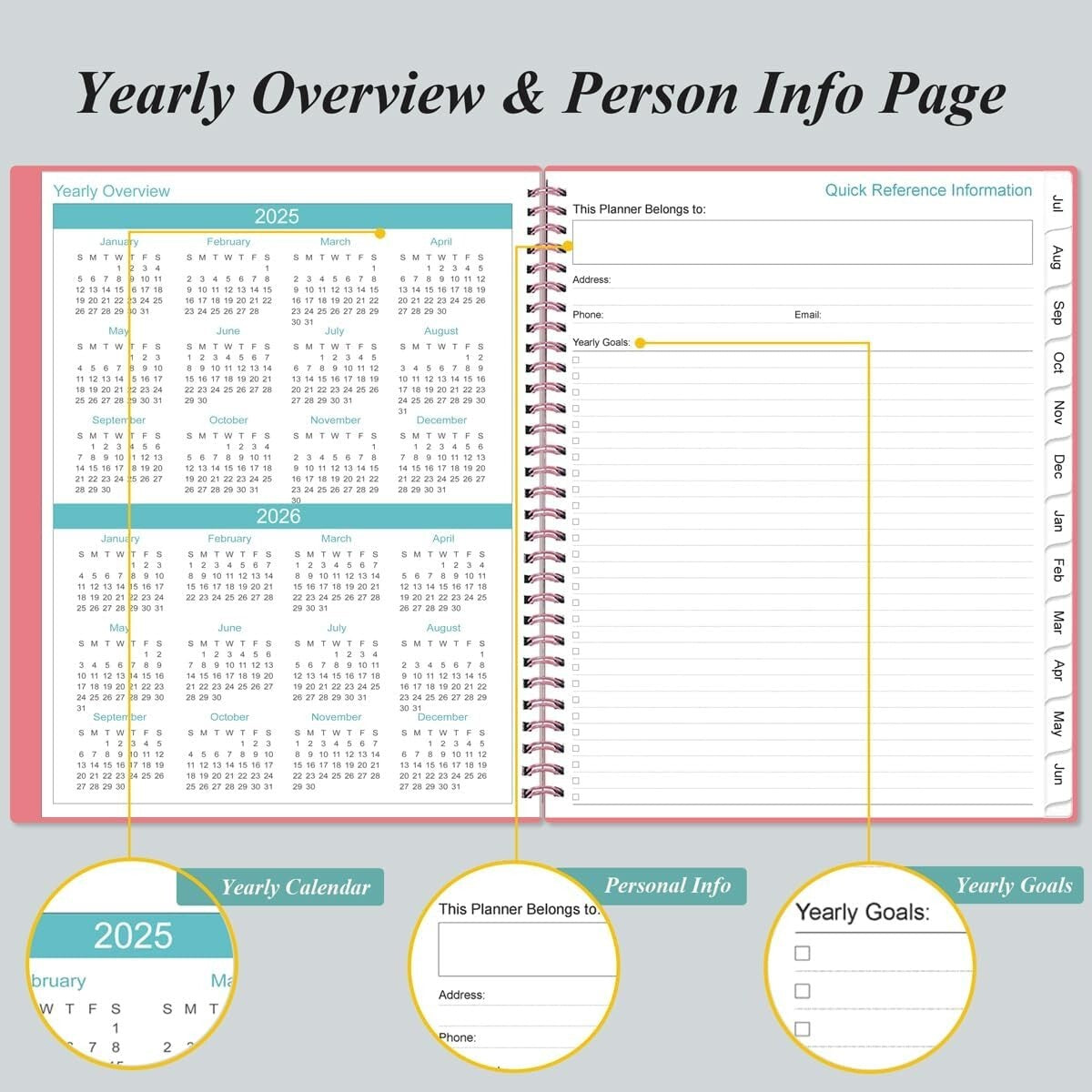 2025-2026 Stylish Daily & Monthly Planner - One Page Per Day, Pink 8.5”x11”