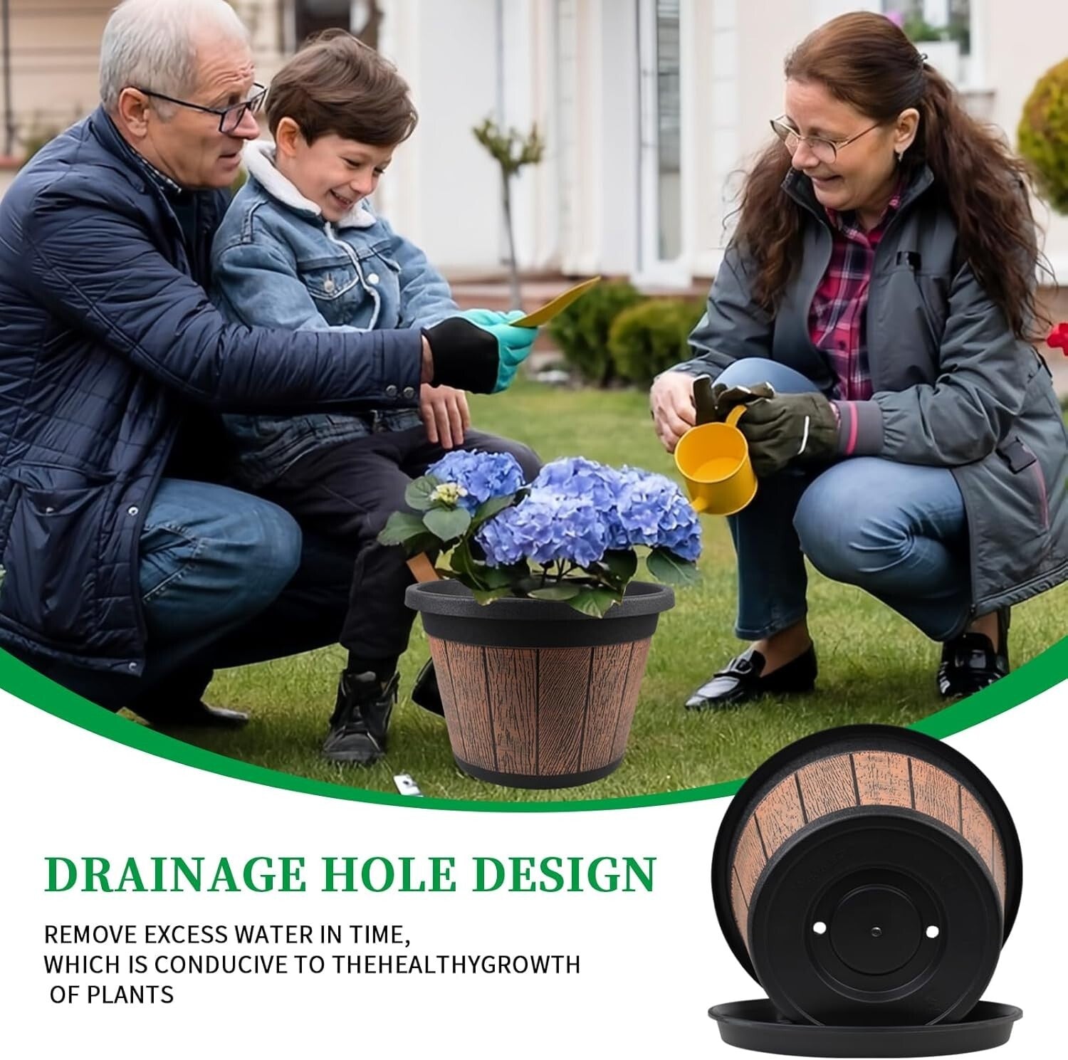 12-Inch Whiskey Barrel Plant Pots - Outdoor & Indoor Planters with Trays