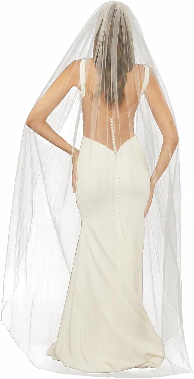 Elegant Fingertip Length Bridal Veil with Pearls and Crystals - Tulle Perfection