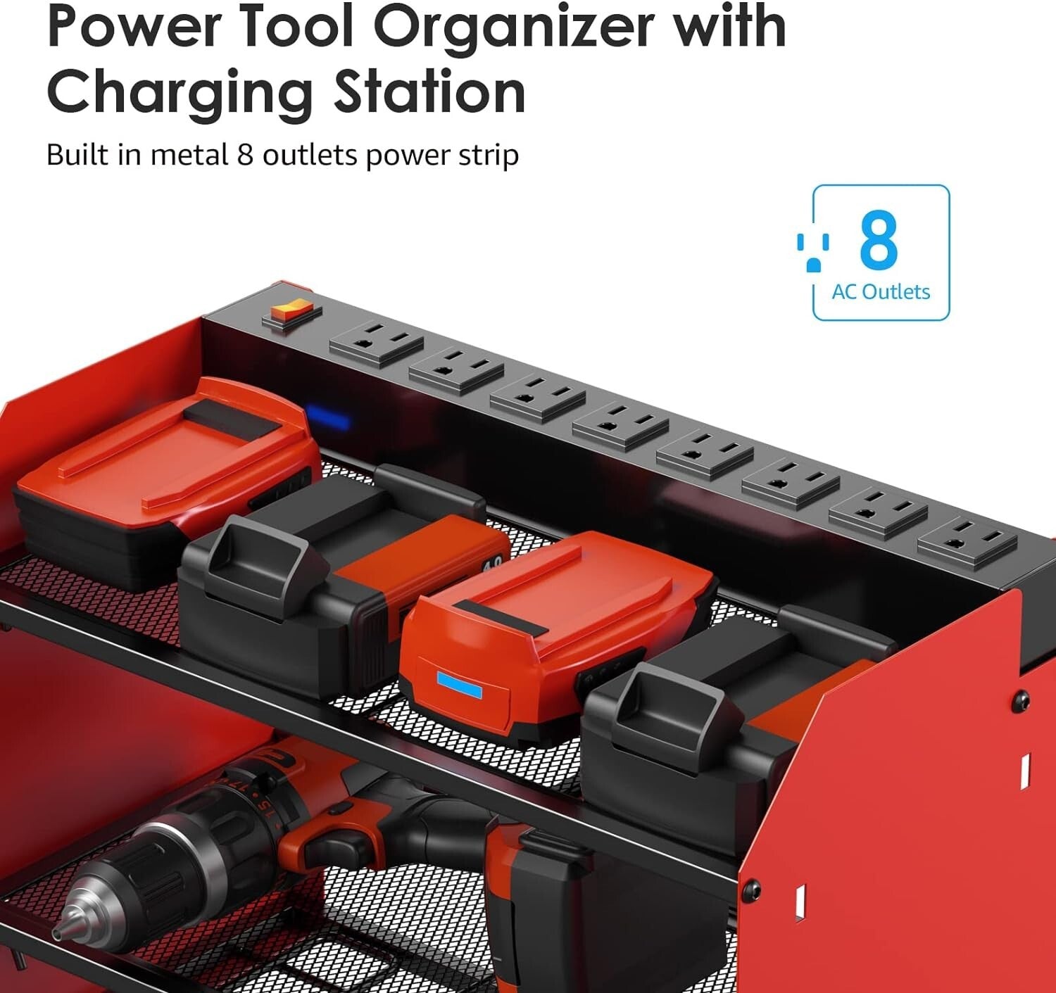 Dual-Tier Power Tool Storage Shelf w/ Surge Protector & Built-in Battery Holder
