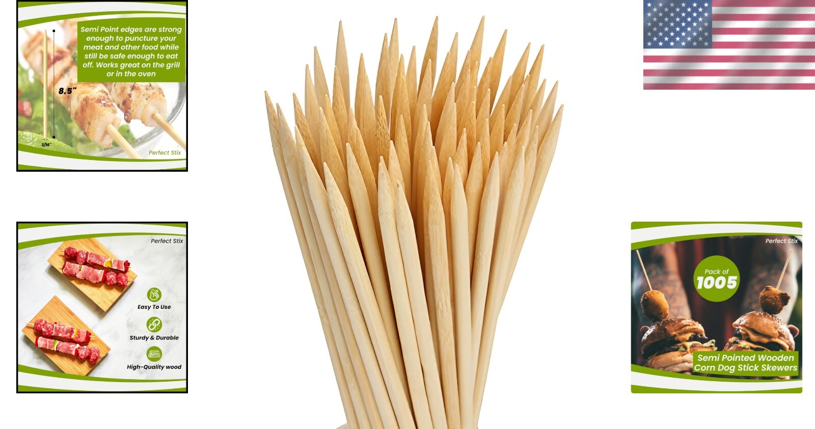 Party-Ready Birchwood Corn Dog Skewers 8.5" - Pack of 1005 Semi-Pointed Tips