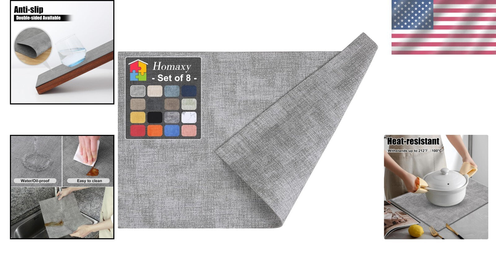 Set of 8 Light Grey Faux Leather Placemats - Stylish Heat Resistant Dining Mats