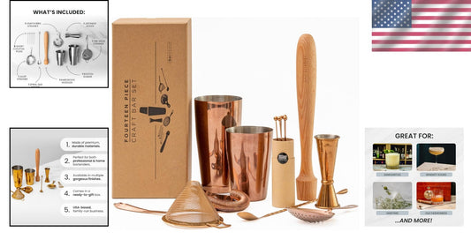 Craft Cocktails Like a Pro - 14-Piece Mixology Set with Antique Copper Finish