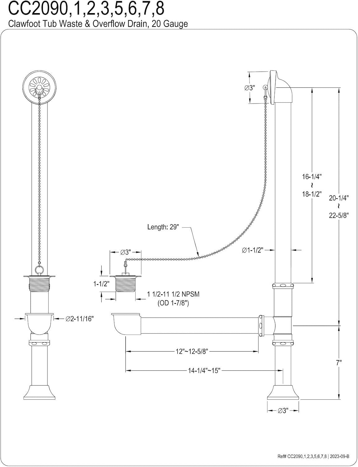 Durable 27" Oil Rubbed Bronze Bath Drain with Chain Plug for Clawfoot Tubs