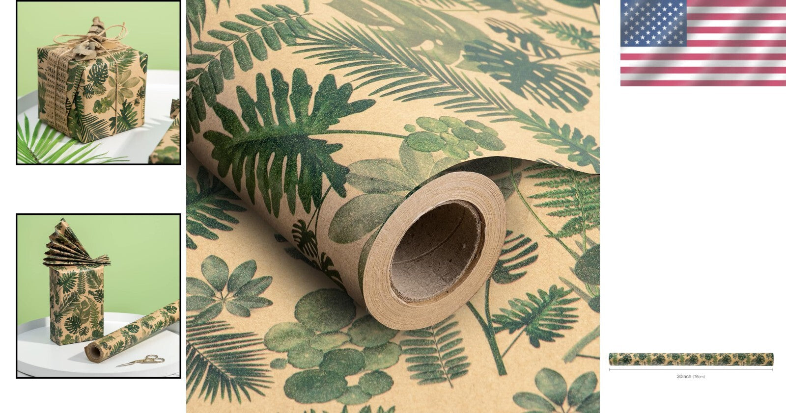 Eco-Friendly Kraft Wrapping Paper Roll with Floral Green Leaves - 196 Sq Ft