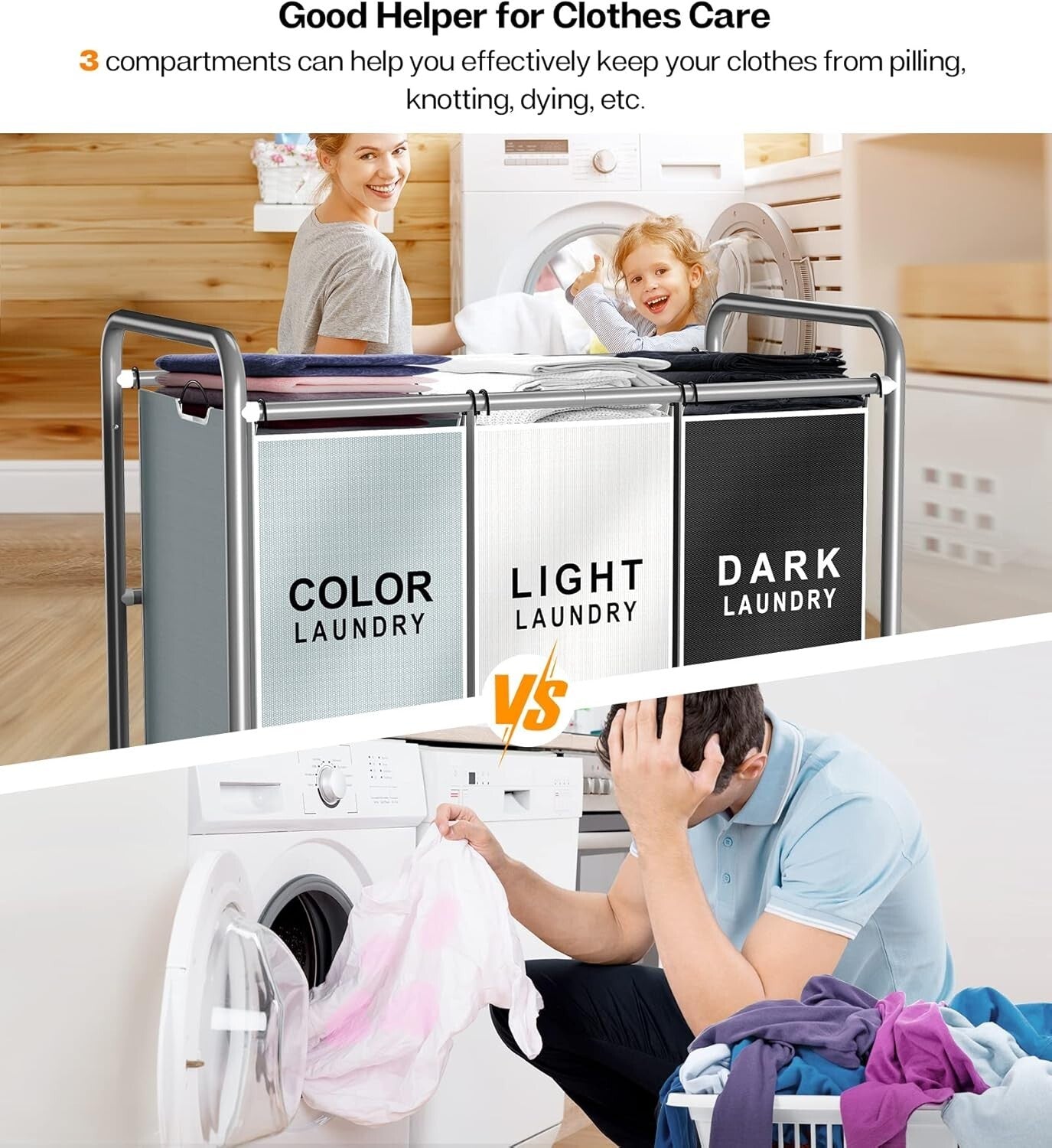 Efficient Laundry Cart with Easy-Access Bags - 3 Compartments for Sorting