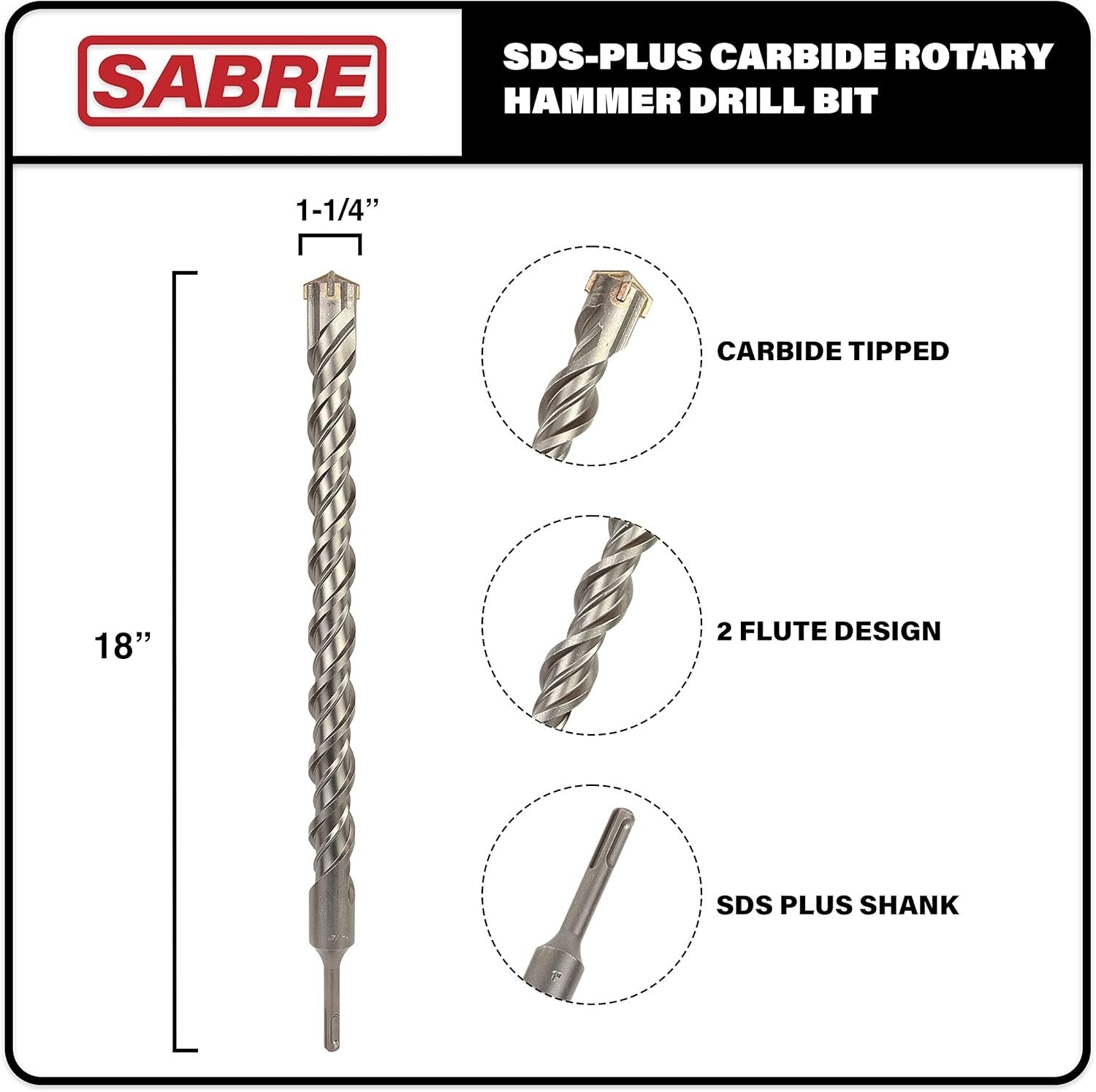 Carbide Tipped SDS Plus Drill Bit - 1-1/4" x 18" for Masonry Applications