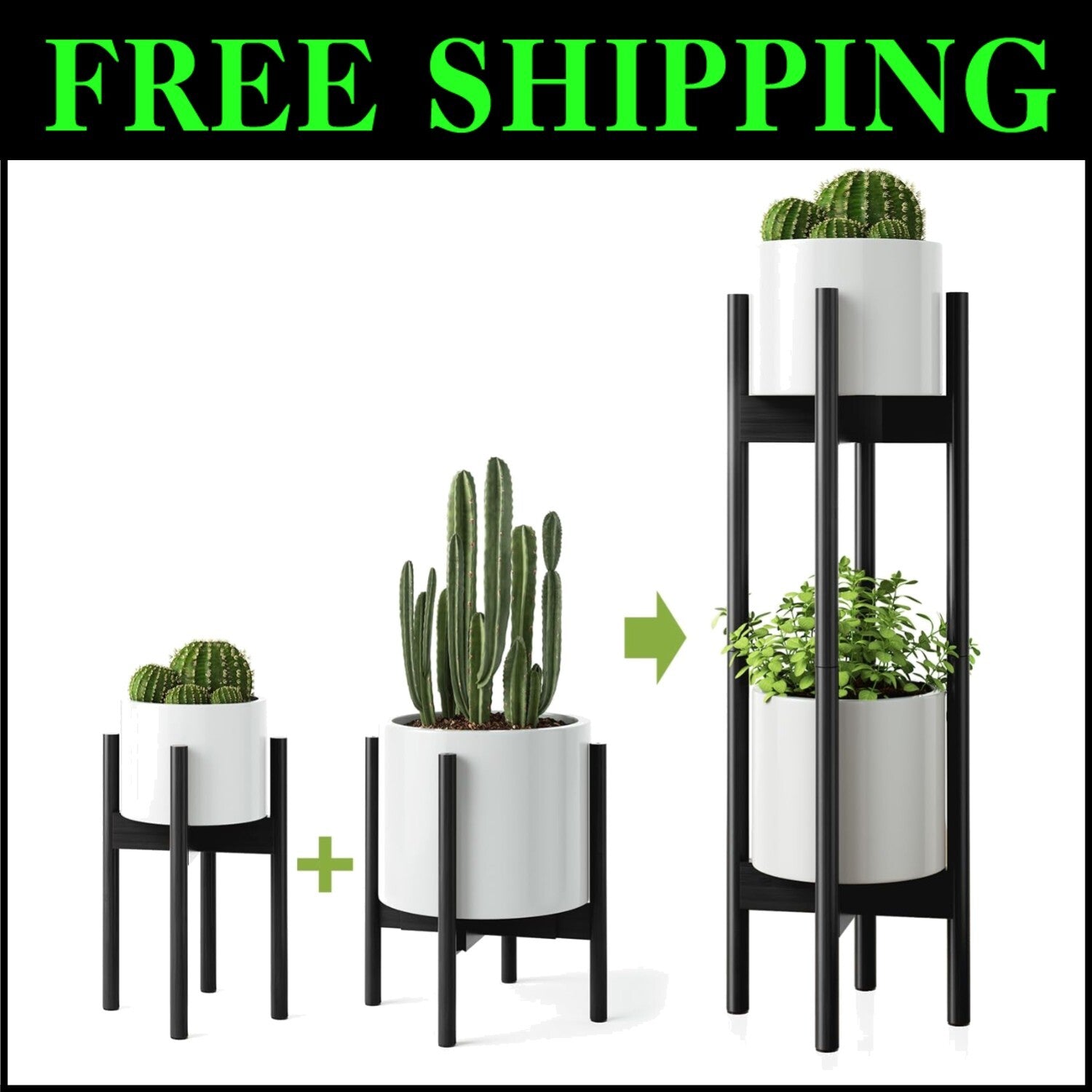 Adjustable Bamboo Plant Stand Set of 2 - Mid Century Modern Design for Interiors