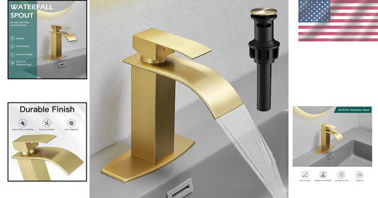 Durable Brushed Gold Waterfall Sink Faucet with Drain - Modern Design Excellence