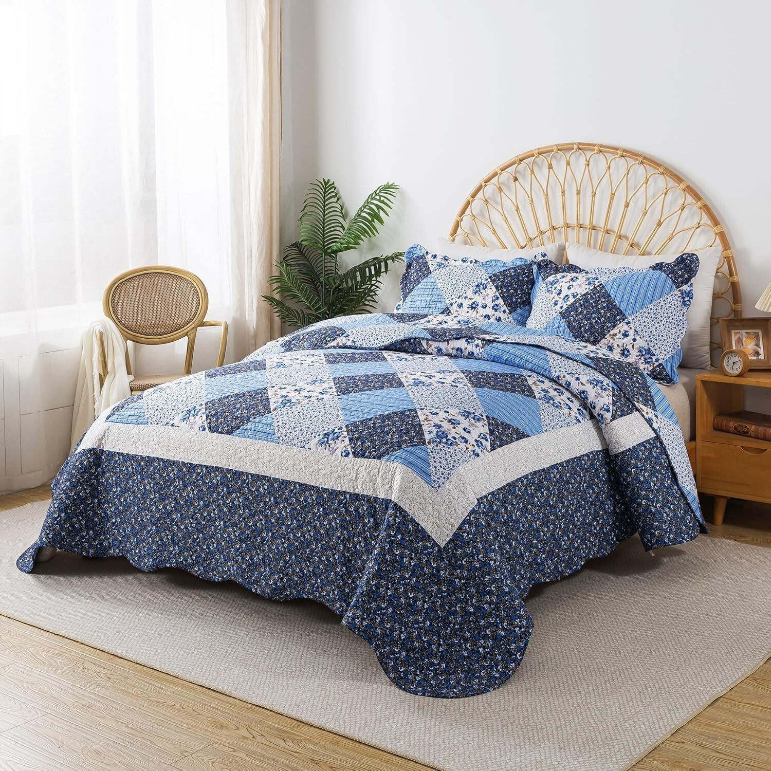 California King Quilt Set - 120x120 Blue Rustic Floral Bedspread & 2 Pillowcases