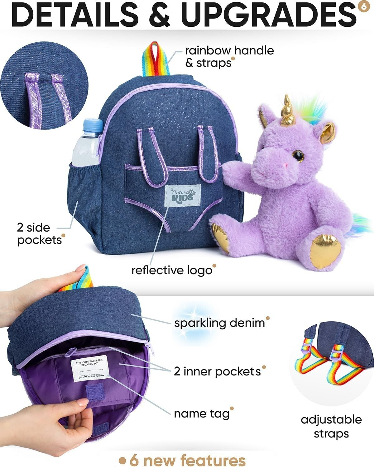 Medium Unicorn Toddler Backpack (11''h) with Removable Toy for Age 4-6 Girls