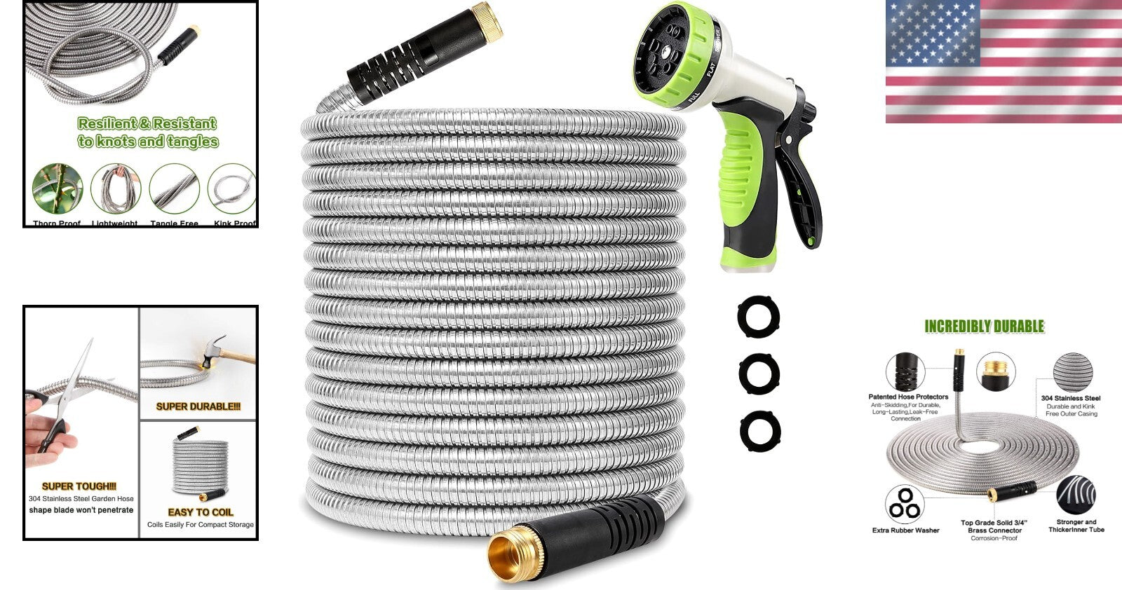 75ft Heavy Duty Stainless Steel Garden Hose - No Kink, Lightweight & Versatile