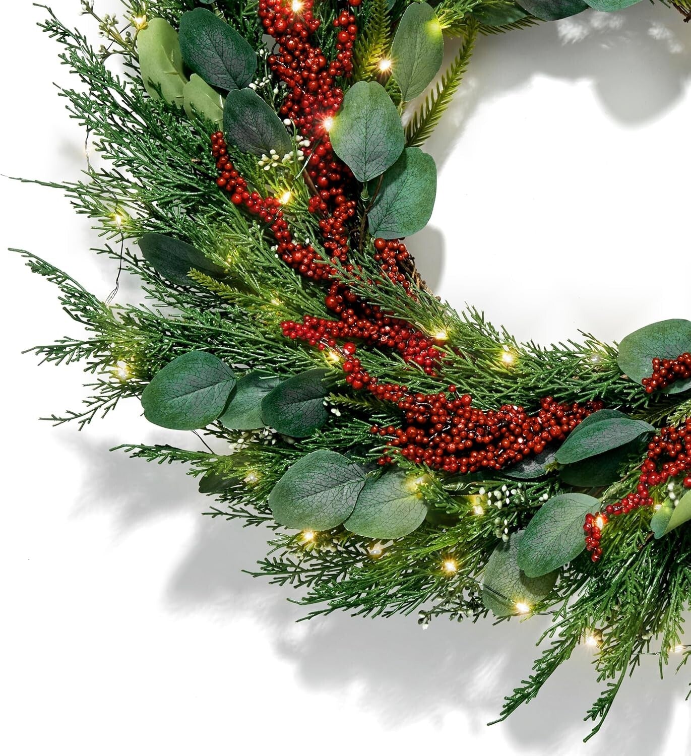 Battery-Powered 24 Inch Winter Wreath with Red Berries & Timer - Farmhouse Style