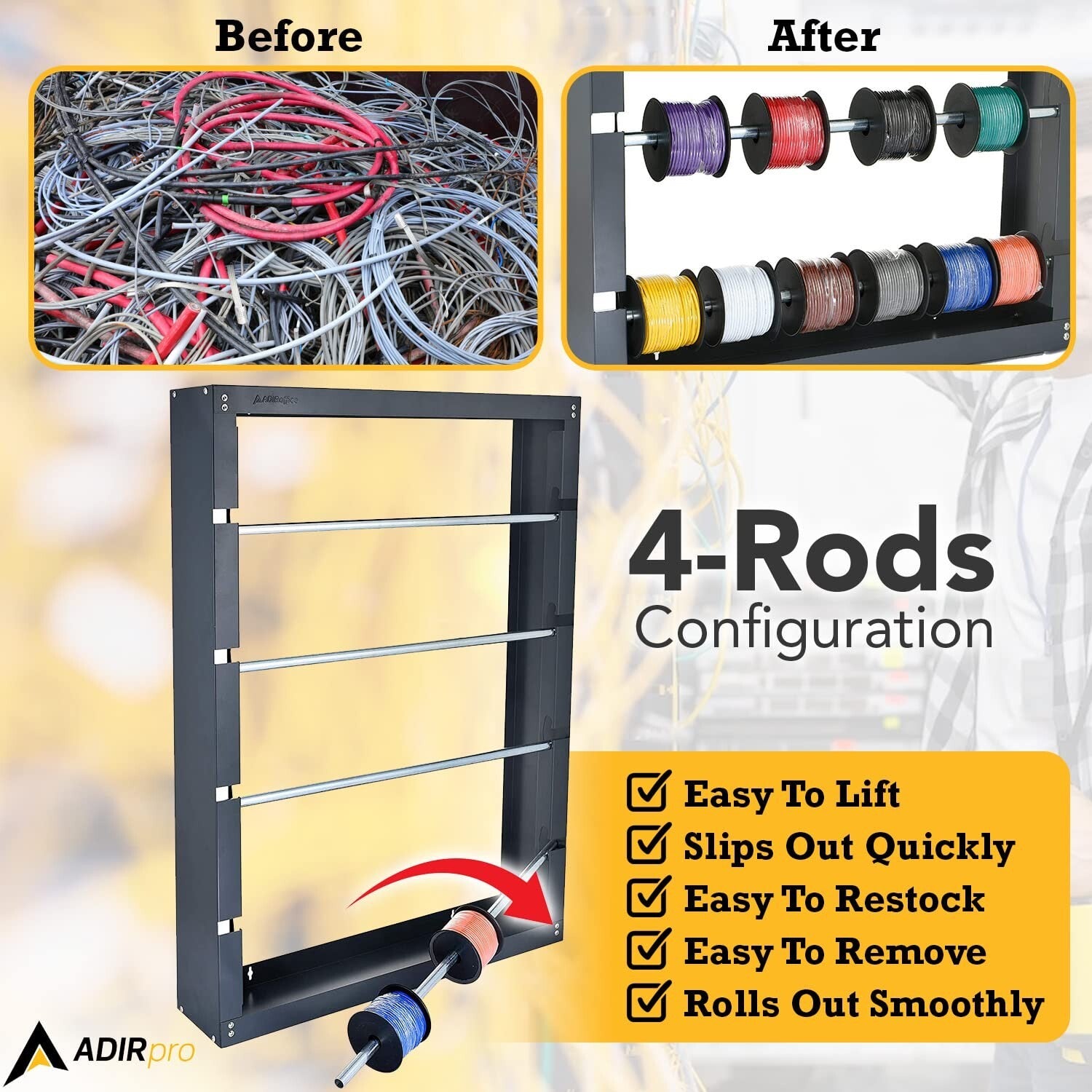Durable Wire Spool Rack - 4-Rod Cable Dispenser for Industrial Use in Grey