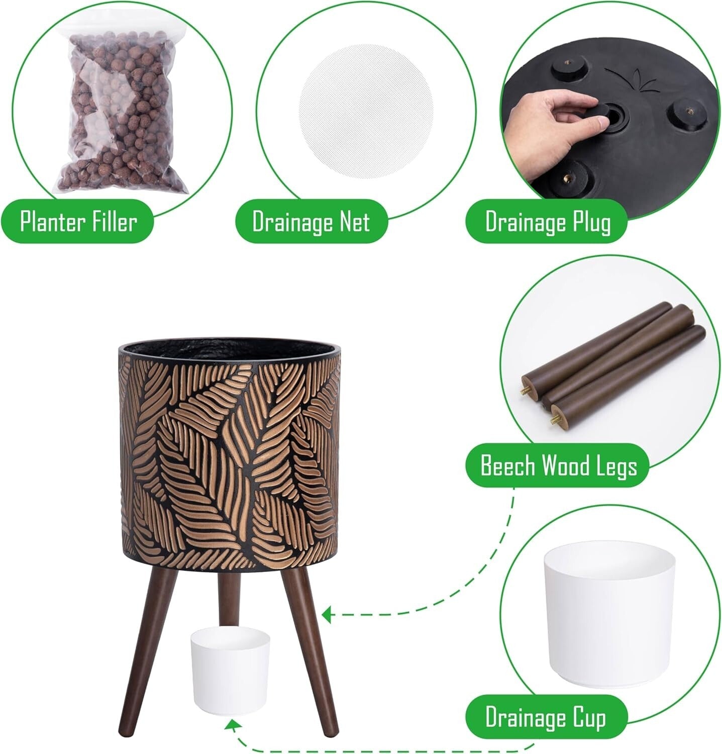 Stylish 12-Inch Plant Pot with Stand – Fiberglass Resin, Eco-Friendly Design