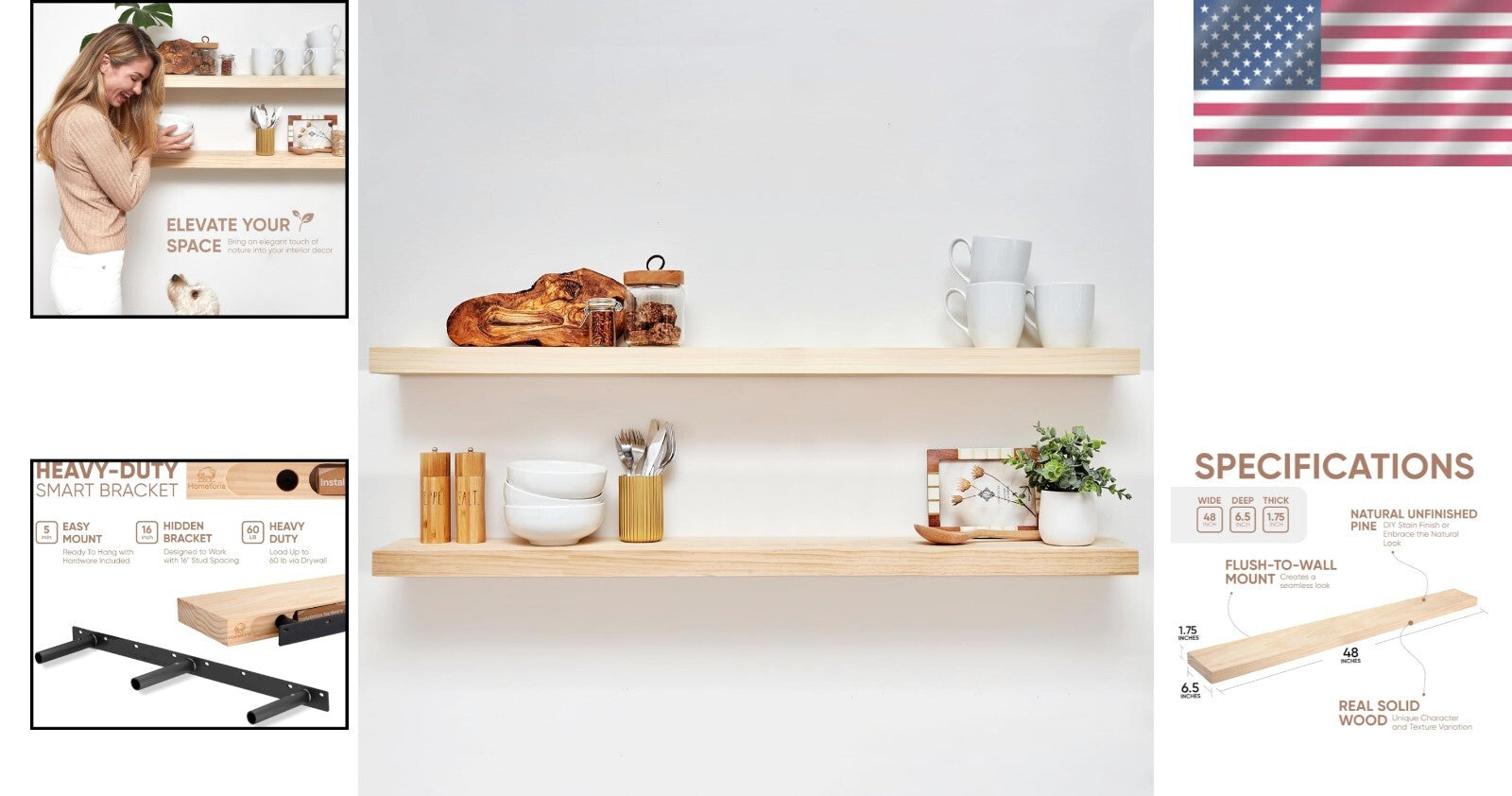 48 Inch Durable Floating Shelves for Wall - Modern Pine Wood Styling