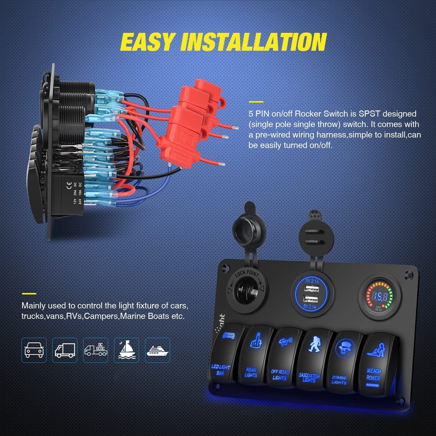 Durable Laser-Etched 6 Gang Switch Panel with USB, Voltmeter & Cigarette Lighter