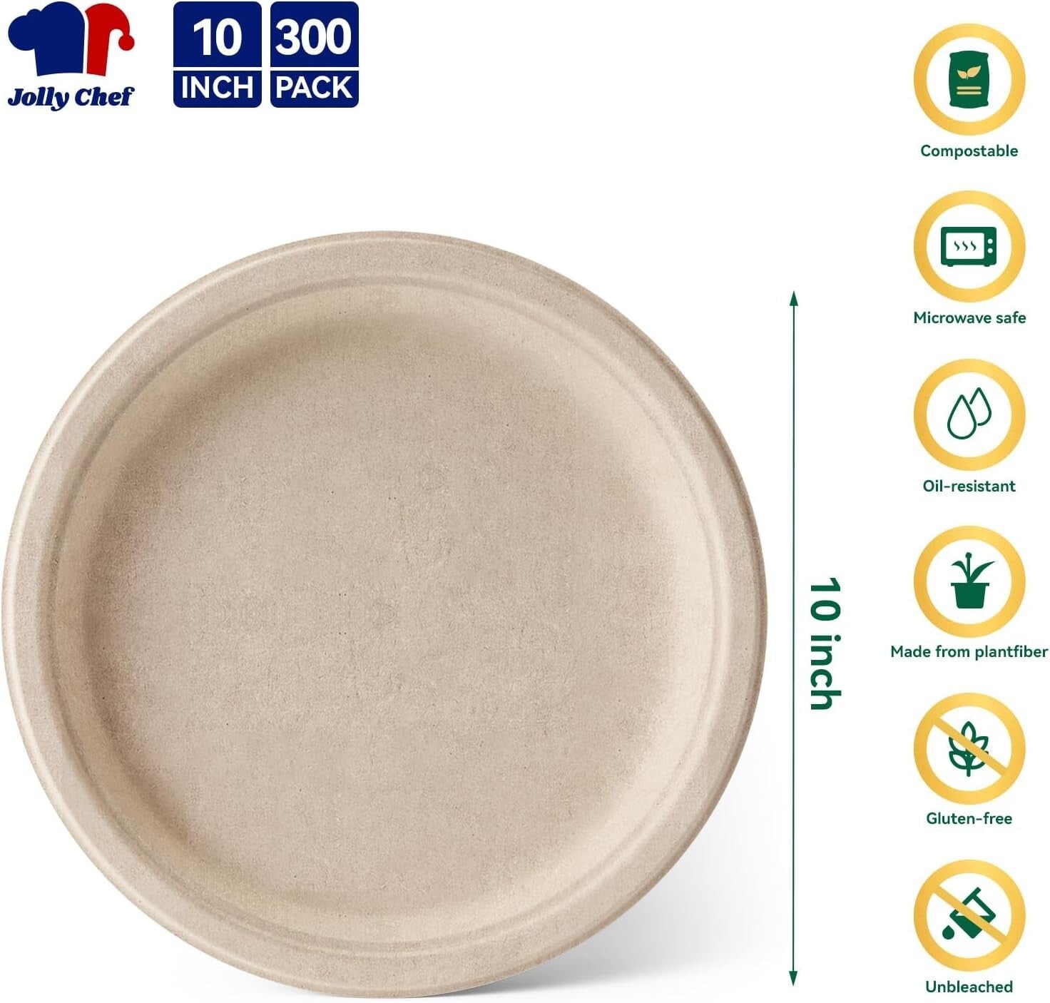 Durable Compostable Disposable Plates – 300 Count 10” Eco-Friendly Dinner Plates
