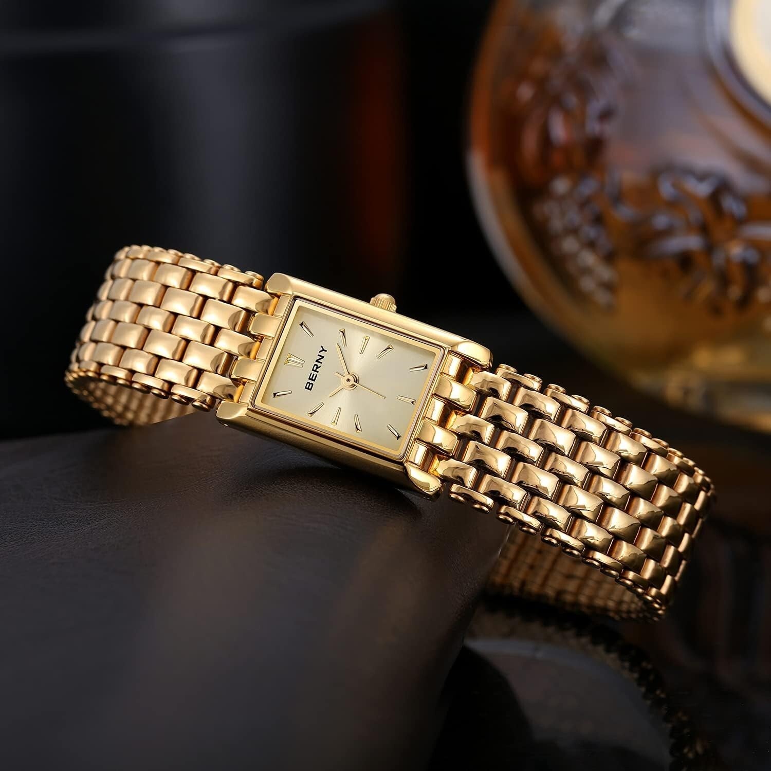 Chic Rectangle Gold Watch for Women - 3ATM Waterproof with Stainless Steel Band