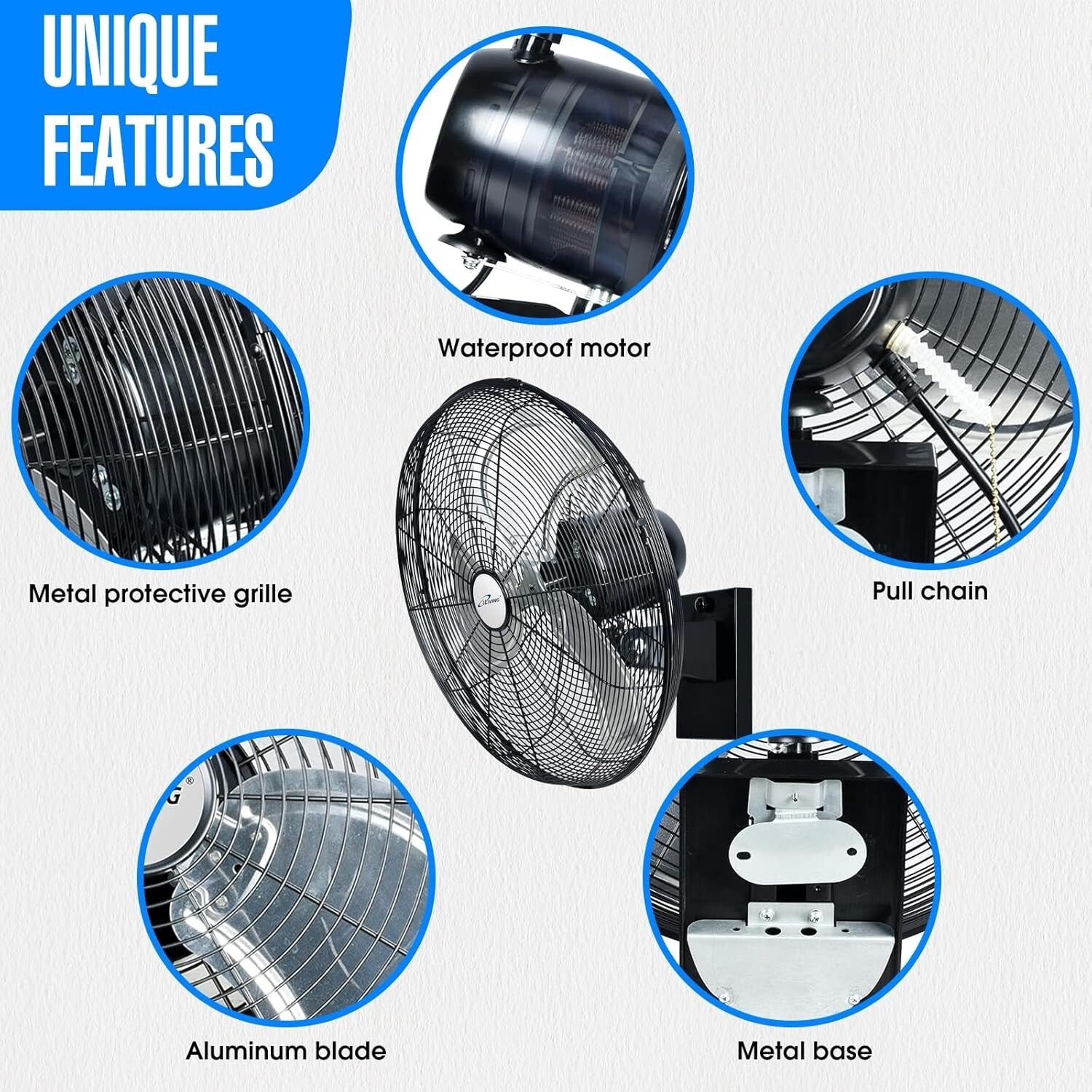 Adjustable 20" Black Wall-Mounted Oscillating Fan - Ideal for Garages & Patios