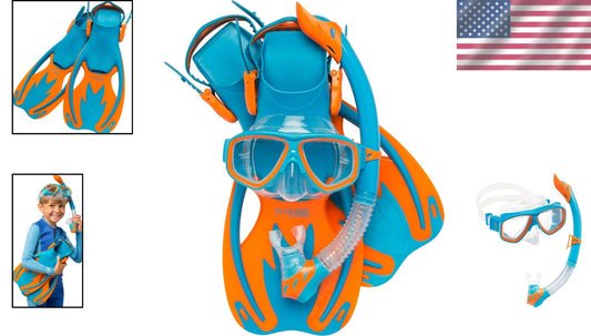 Youth Snorkeling Equipment - Rocks Dual Lens Mask, Fins & Snorkel Set for Kids