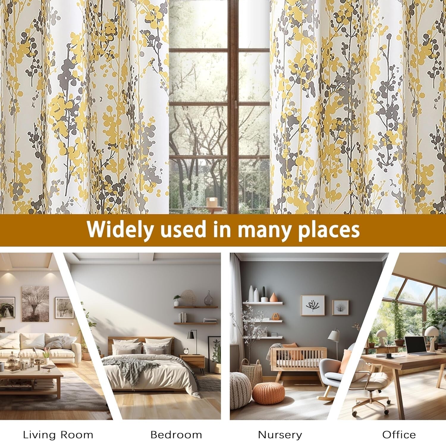 Elegant Abstract Floral Yellow Curtains - 84” Room Darkening Drapes (2 Panels)