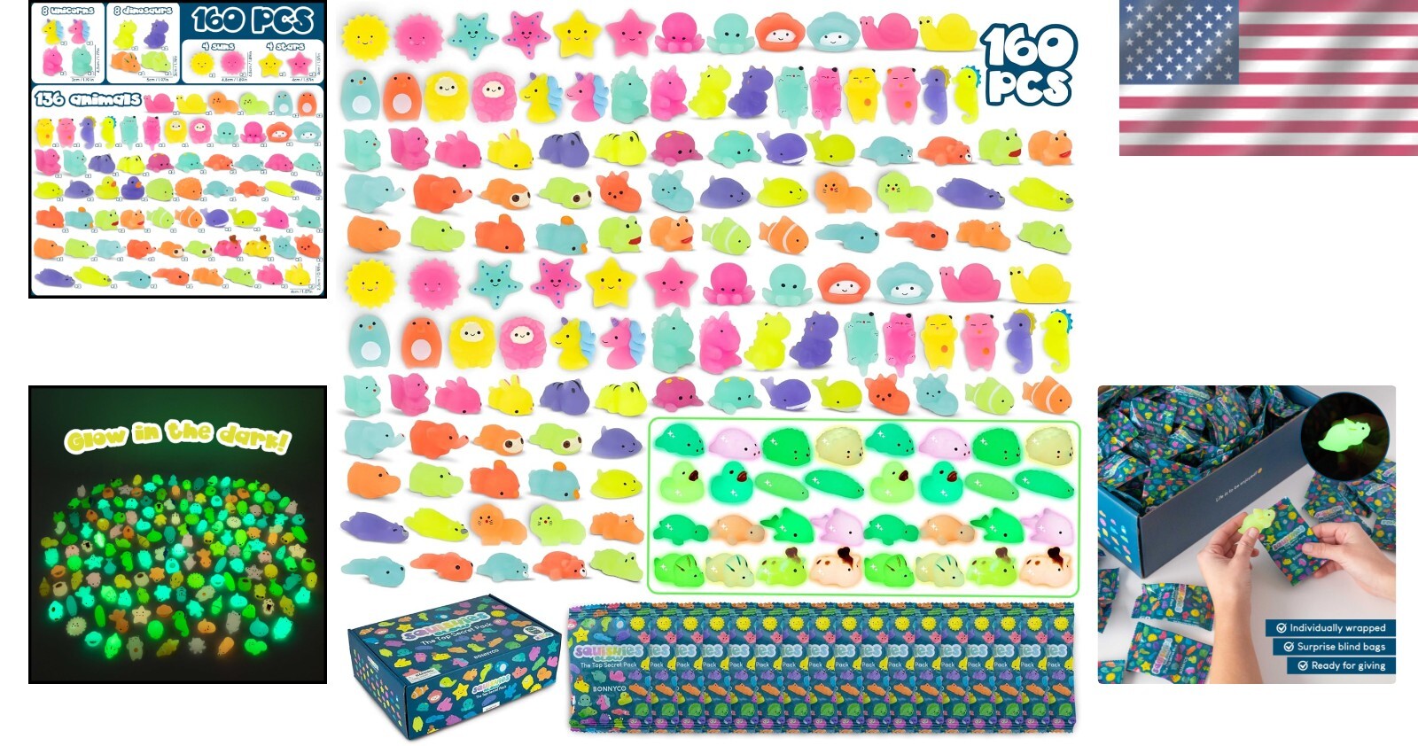 160 Assorted Squishy Fidget Toys with Glow in the Dark - Fun Kids Party Treats
