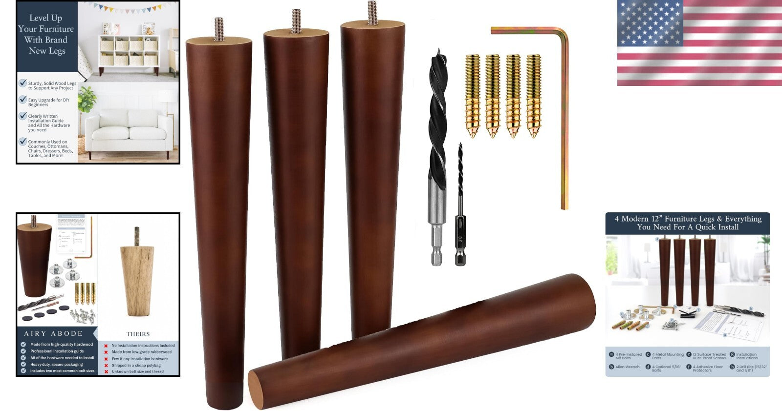 Versatile Walnut Furniture Legs for Any Style - DIY Installation Kit Included