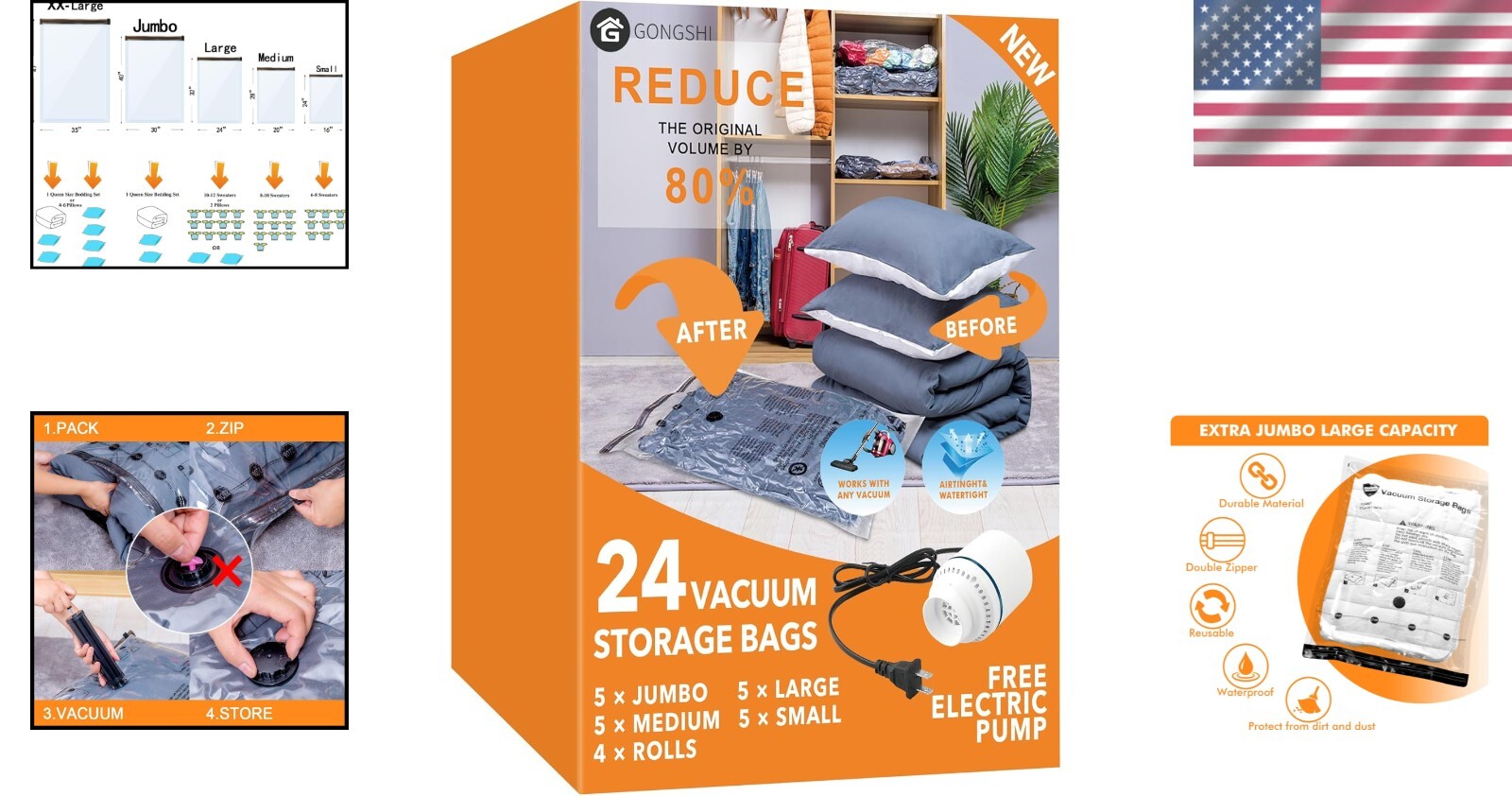 Space-Saving 24 Vacuum Storage Bags with Electric Pump - 80% Space Reduction
