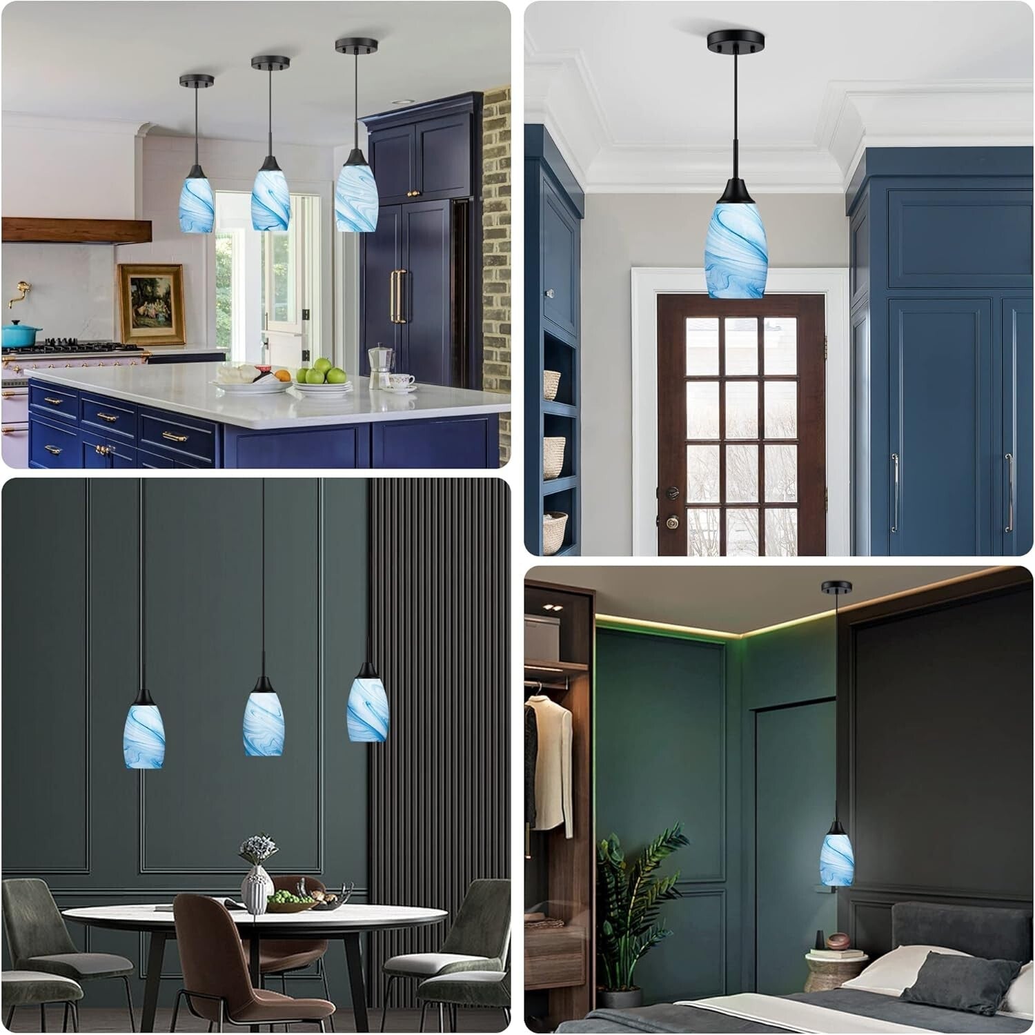 Elegant Blue Marble Art Glass Pendant Lighting - 3-Pack Adjustable Fixtures
