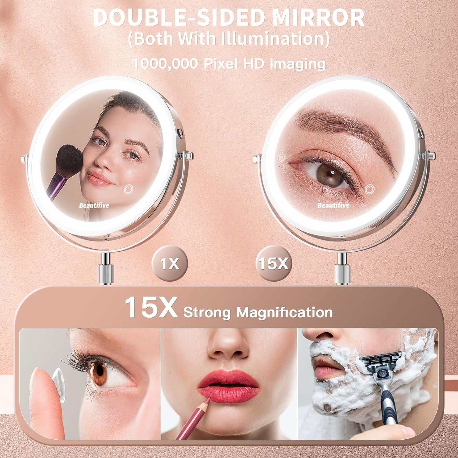 Rechargeable 8” Makeup Mirror with 15X Magnification & Stepless Dimming Light