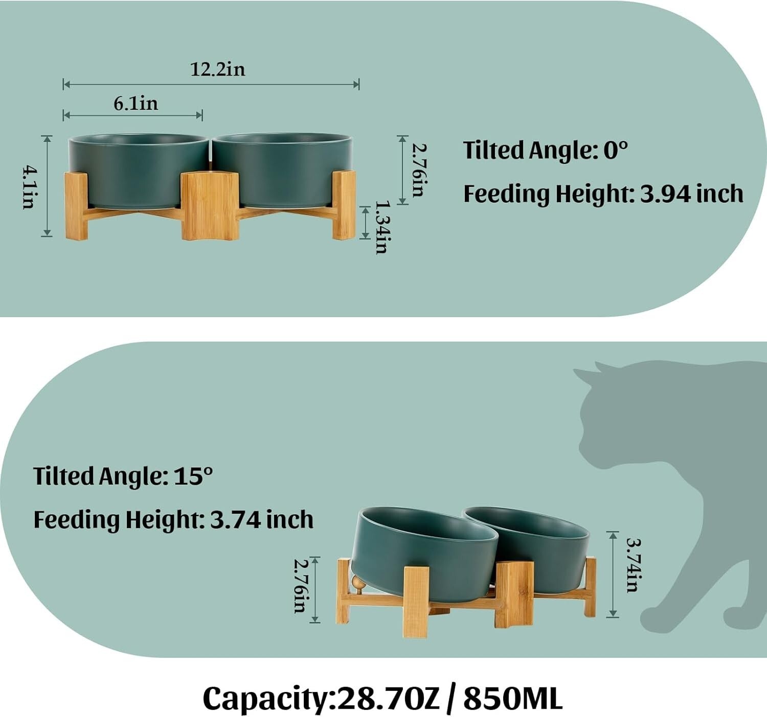 Stylish 15° Slanted Ceramic Pet Bowl Set with Bamboo Stand for Easy Feeding