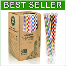Load image into Gallery viewer, 10 Inch Disposable Paper Straws - Bulk of 600 Assorted Colors, Eco-Friendly