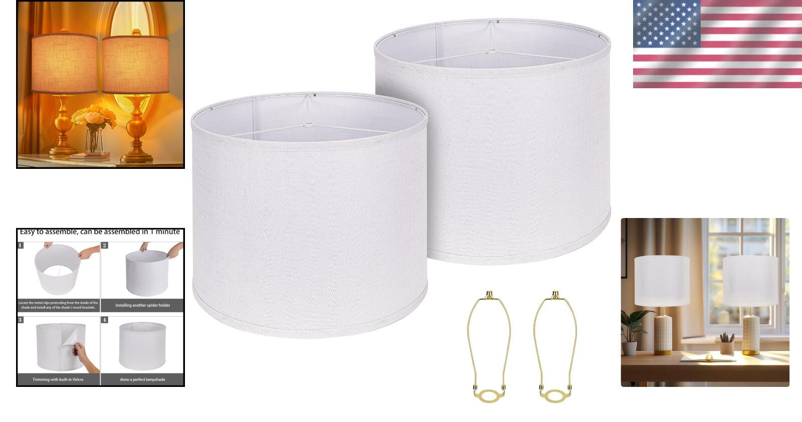 Elegant White Drum Lamp Shades 15" - Durable Natural Linen with Spider Fitter