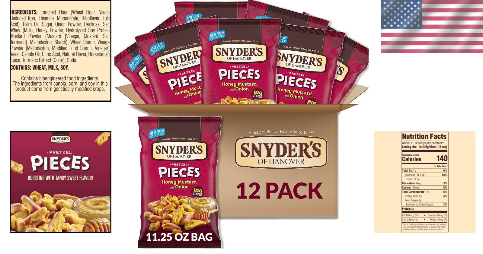 Deliciously Crunchy Honey Mustard & Onion Pretzel Snacks - 12 Bags of 11.25 Oz