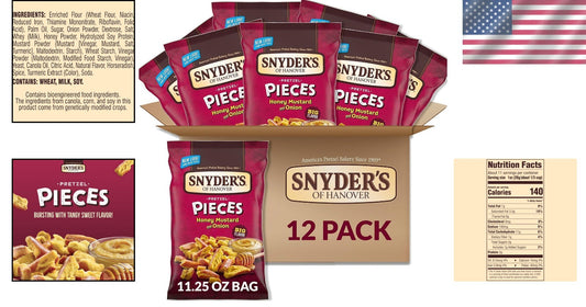 Deliciously Crunchy Honey Mustard & Onion Pretzel Snacks - 12 Bags of 11.25 Oz