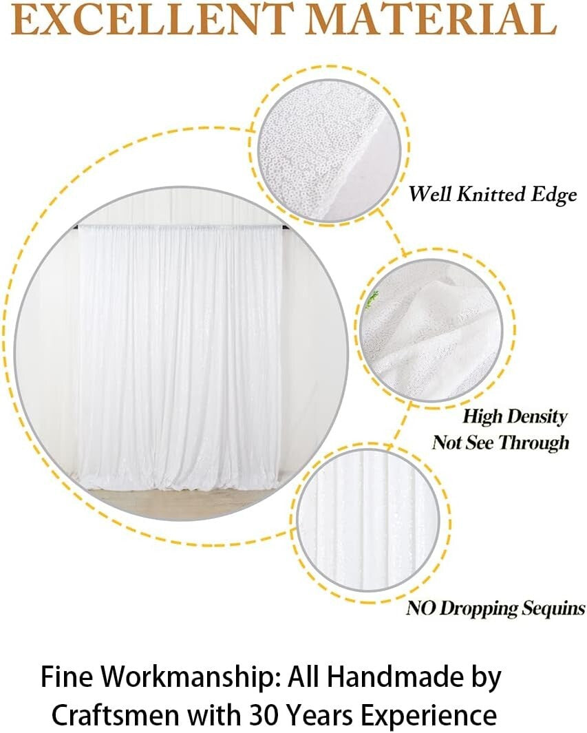 8FTx10FT White Sequin Fabric Backdrop - No Dropping Sequins for Parties