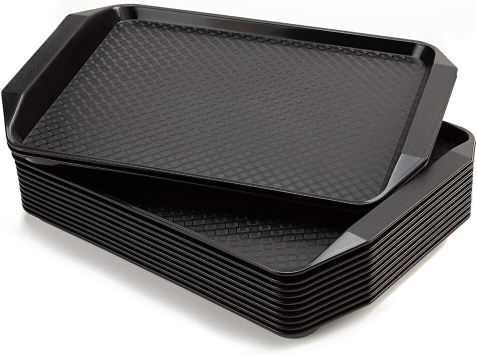 Casual Black Fast Food Serving Trays, 12-Pack 16.95"x11.82" Rectangular