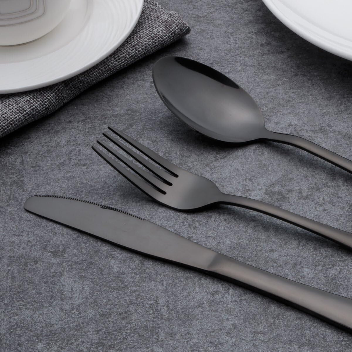 High-Quality 40-Piece Shiny Black Stainless Steel Cutlery Set - Elegant Dining