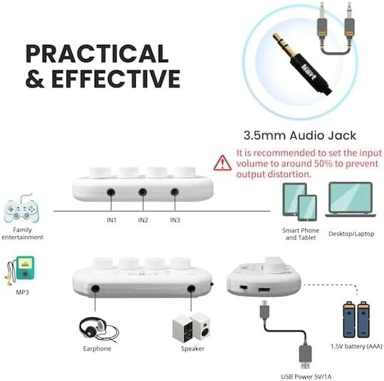 JUST Mixer S Portable 3-Channel Mini Audio Mixer - Battery & USB Powered