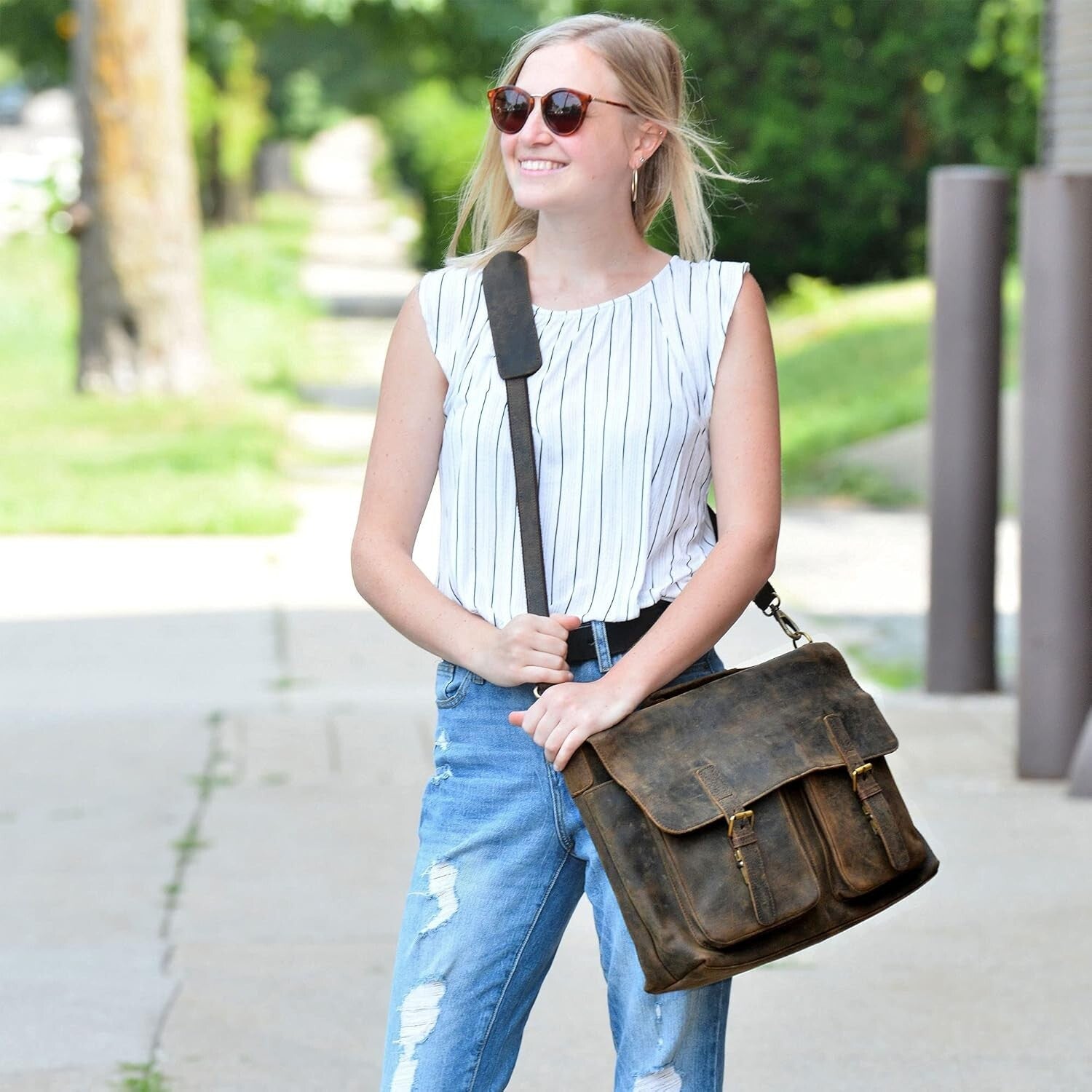 Spacious Buffalo Leather Laptop Messenger Bag - Ideal for Students & Pros