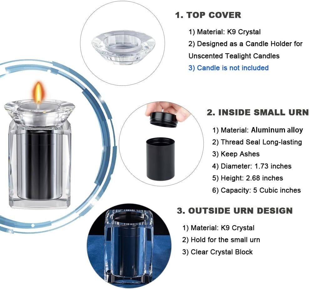 Miniature Crystal Candle Holder Urn - Personalized Ashes Keepsake for Adults