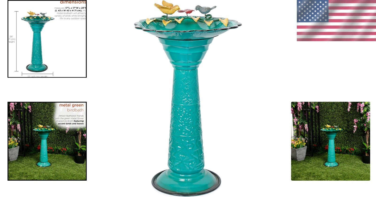 28" Elegant Green Birdbath - Weather-Resistant Metal Stand for Outdoor Charm