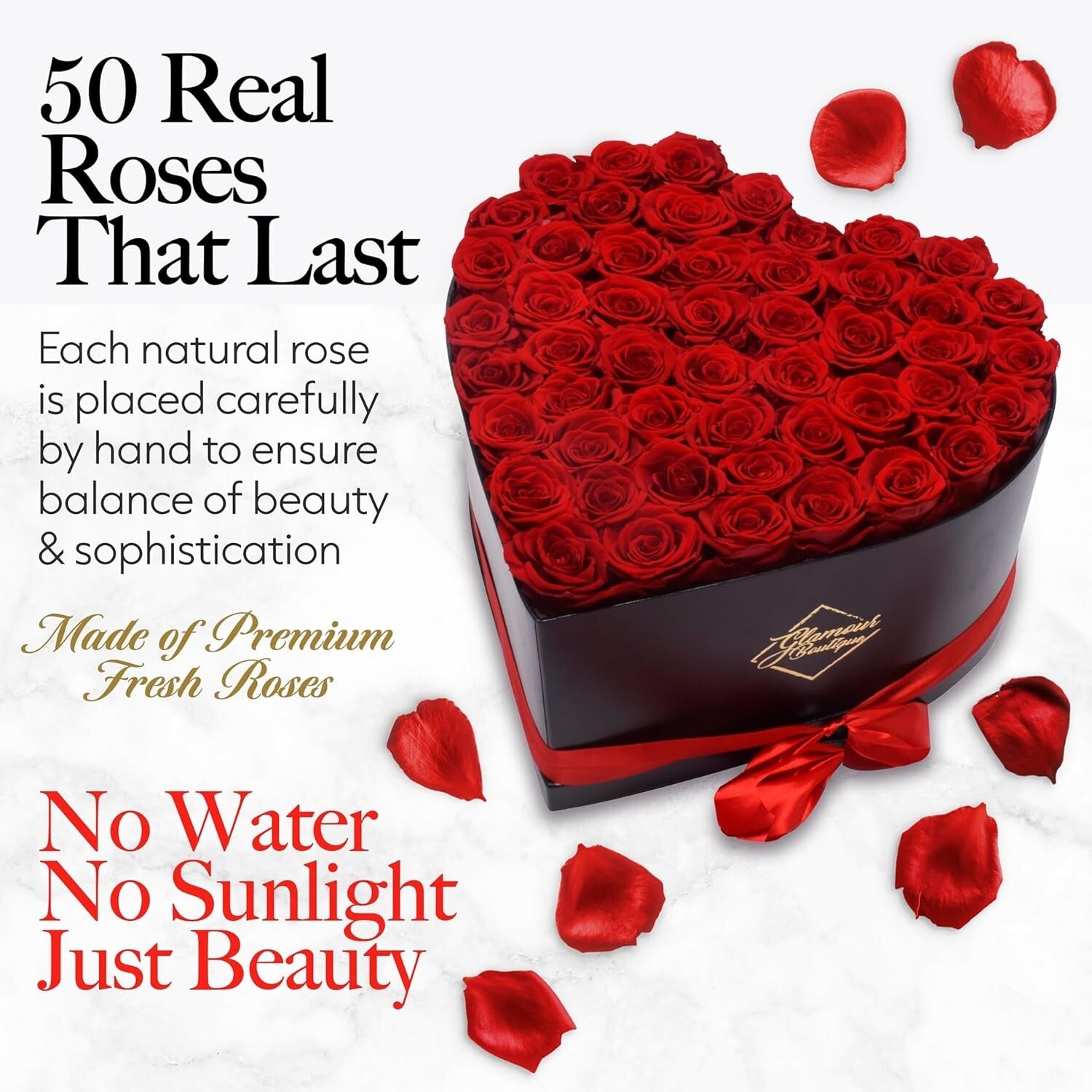 Eternal Love - 50 Preserved Roses in Beautiful Heart Box, No Maintenance