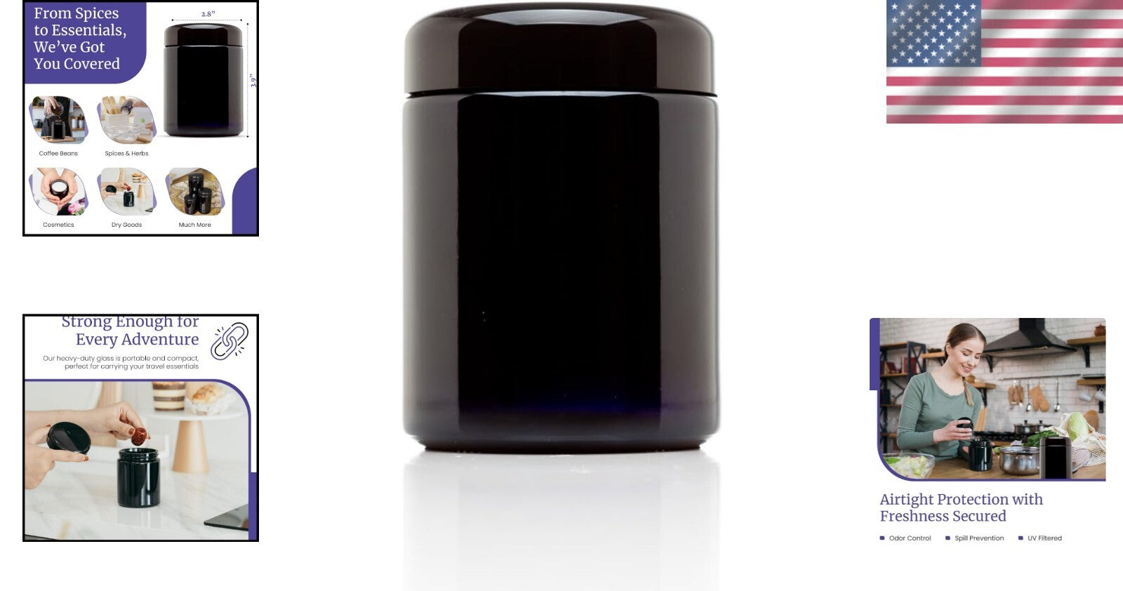 Classic Black Glass 250ml Jars (3 Pack) - Airtight & Smell-Proof for Freshness