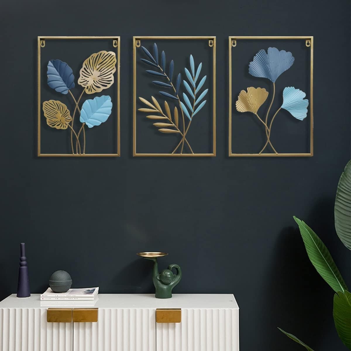 Elegant Gold and Canal Blue Ginkgo Biloba Metal Wall Sculptures - 3-Piece Set