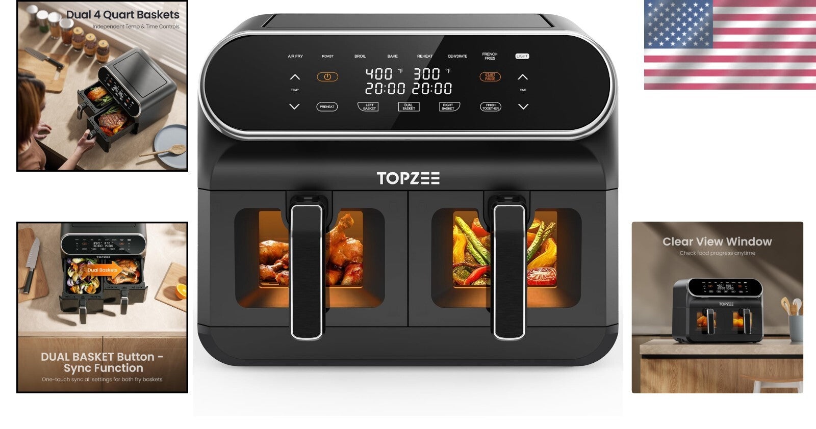 Large 8 Quart Programmable Air Fryer with Cooking Functions and Viewing Windows