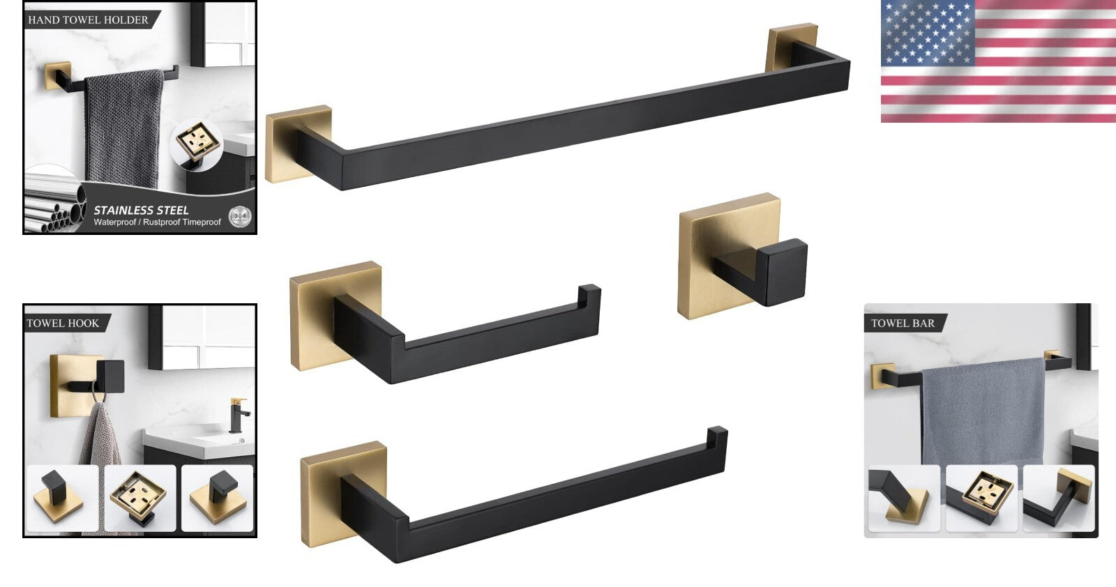 4-Piece Black & Gold Stainless Steel Bathroom Hardware Set - Elegant Style