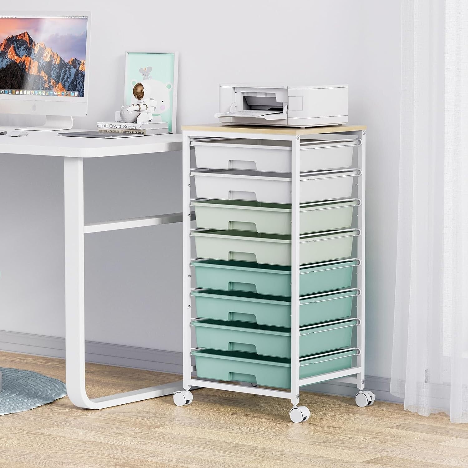 Compact 8-Drawer Organizer Cart with Wooden Top for Living Room & Office